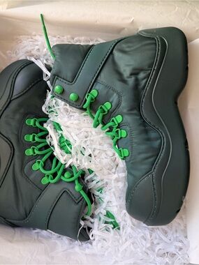 Bottega Veneta Dark Green High-Top Sneakers with Bright Green Laces